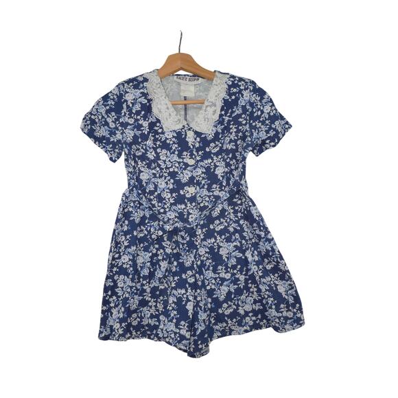 Jazz Kids Blue Floral Lace Collar Button Front Romper Girls Size 8 - Picture 2 of 7